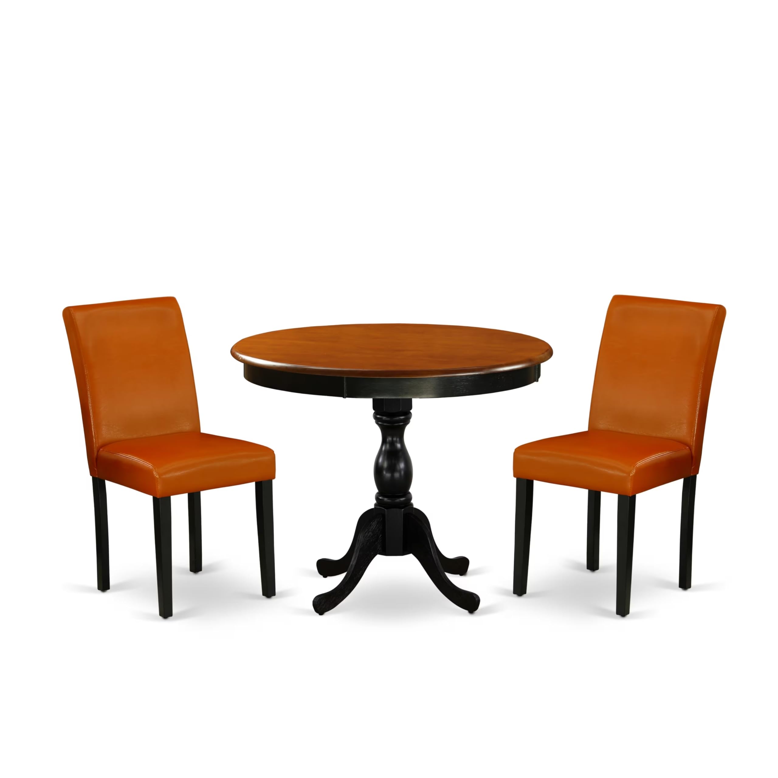 East West Furniture AMAB3-BCH-61 3-Piece Round Dining Table Set Contains a Dining Table and 2 Baked Bean PU Leather Mid Century Dining Chair with High Back - Black Finish