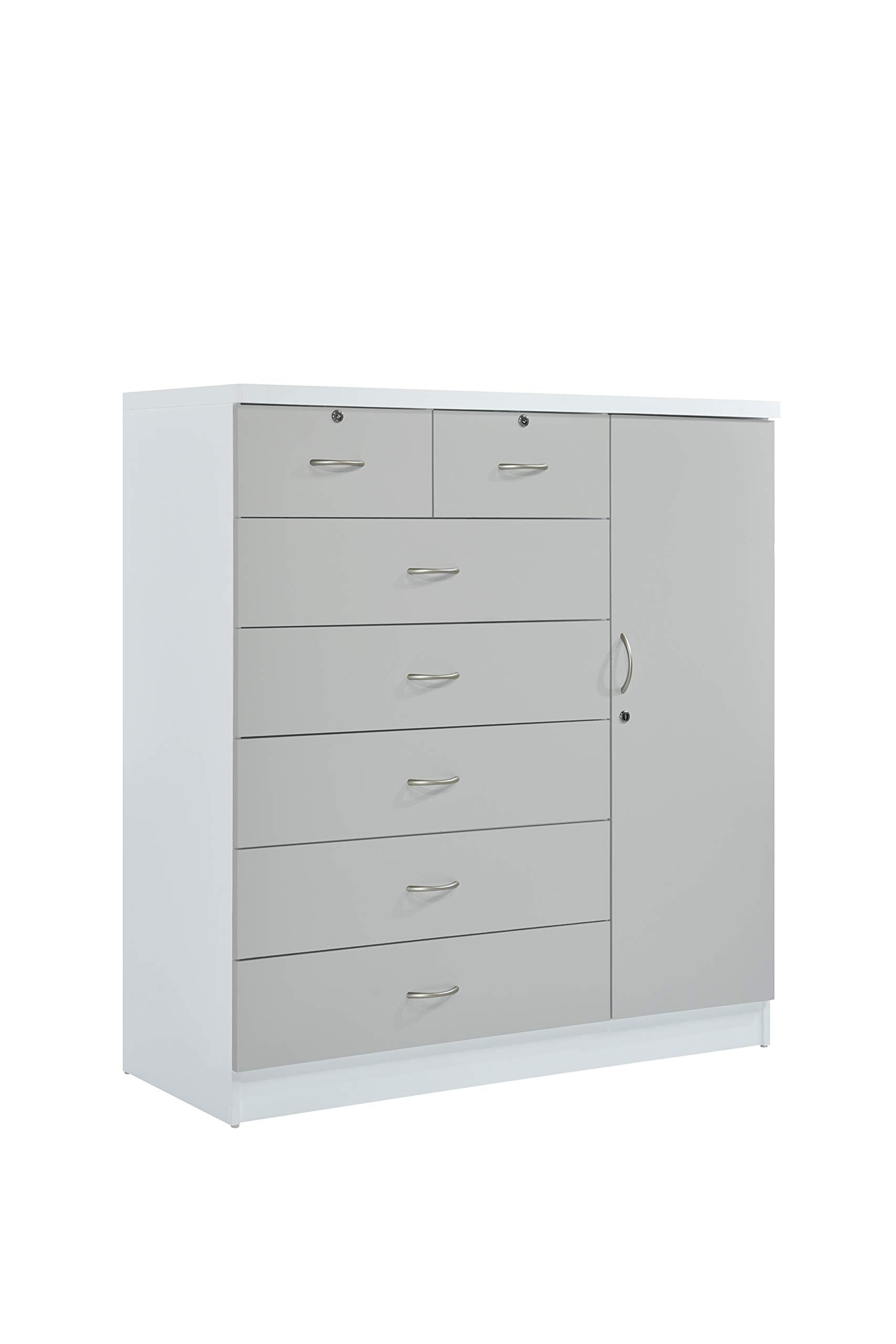 Hodedah 7-Drawer Chest with Locks on 2-Top Drawers plus 1-Door with 3-Shelves in Grey