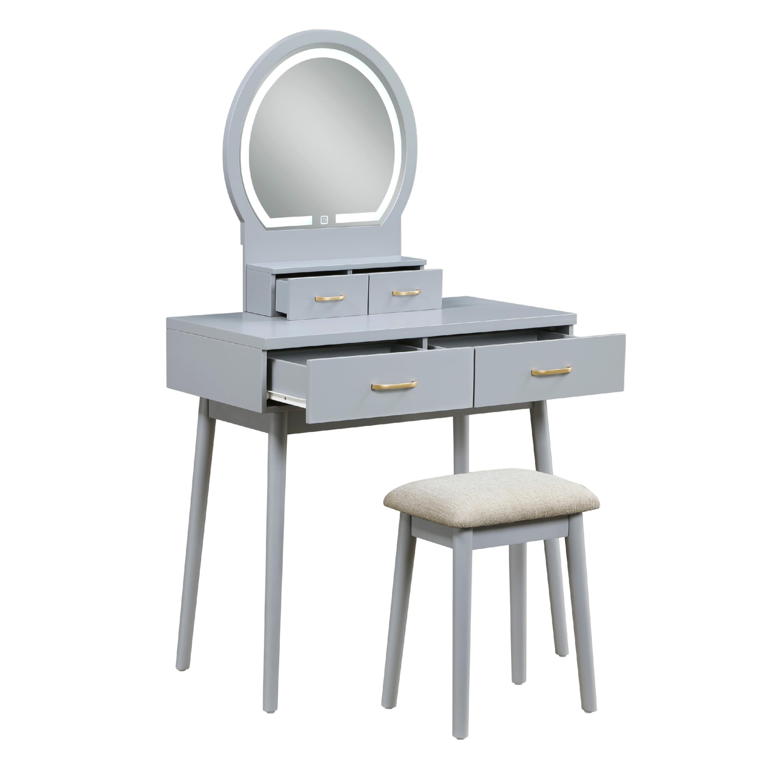 Anvy Vanity Desk Set with Mirror and Stool, 4 Drawers, Gray Wood
