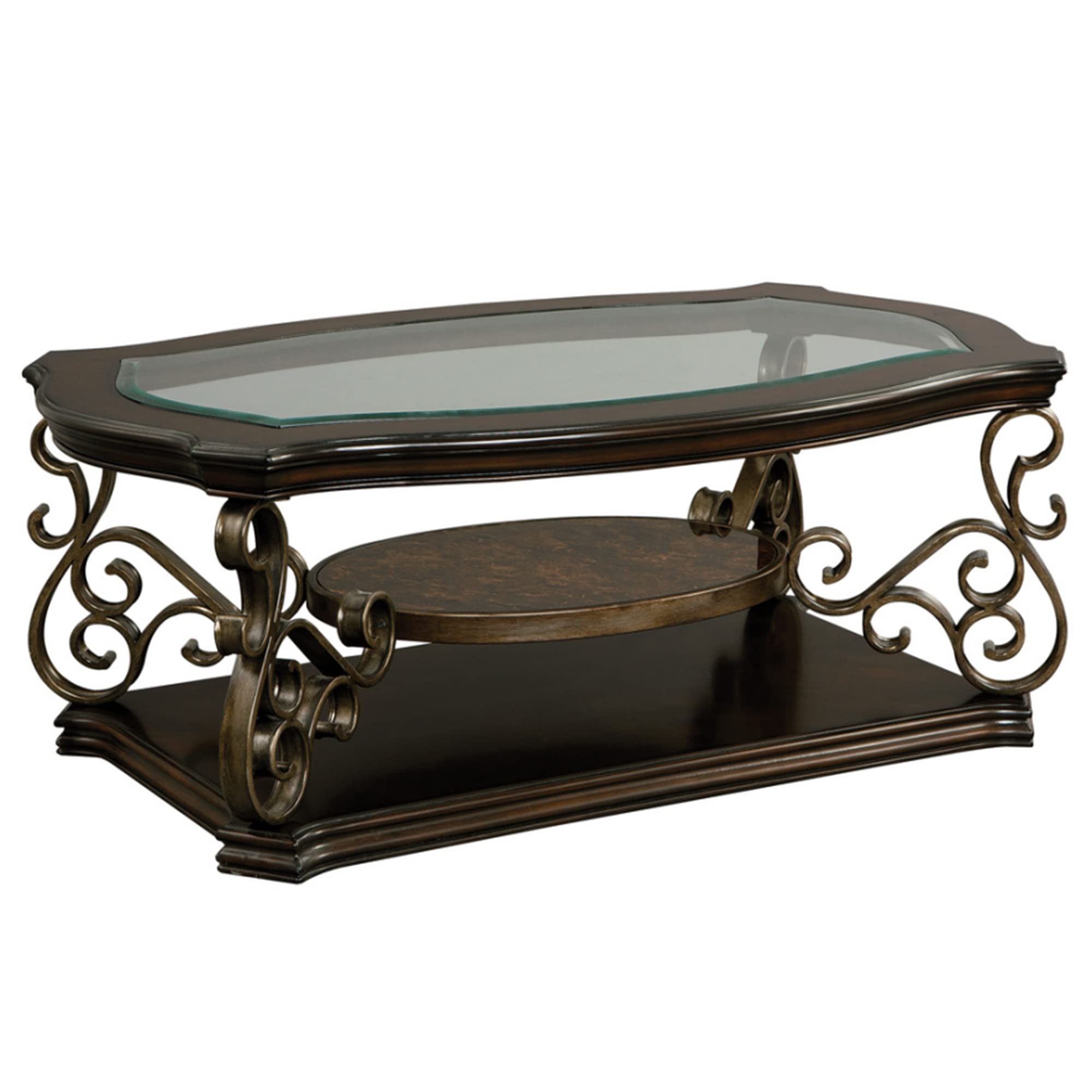 Cocktail Table with Glass Top and Scroll Accent, Brown