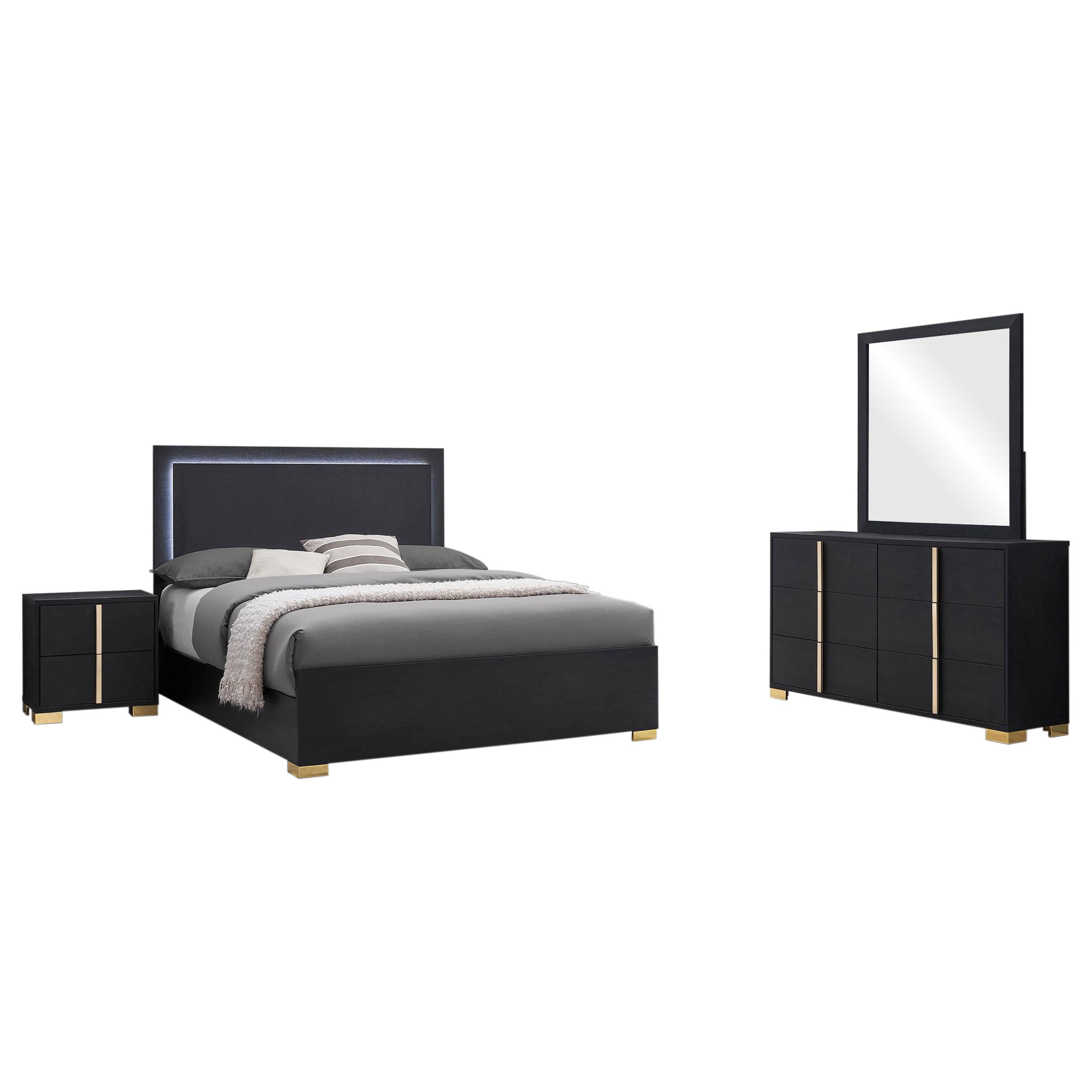 Dex 4pc Queen Bedroom Set with Modern LED Headboard, Mirror, Black
