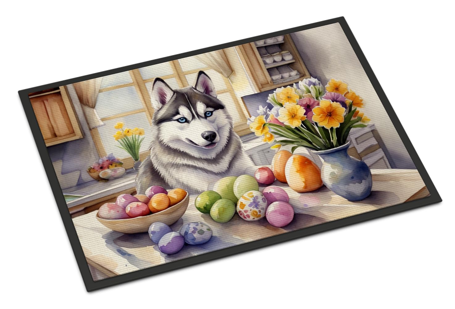 Carolines Treasures DAC6903MAT Decorating Easter Siberian Husky Doormat Front Door Mat Indoor Outdoor Rugs for Entryway, Non Slip Washable Low Pile, 18H X 27W