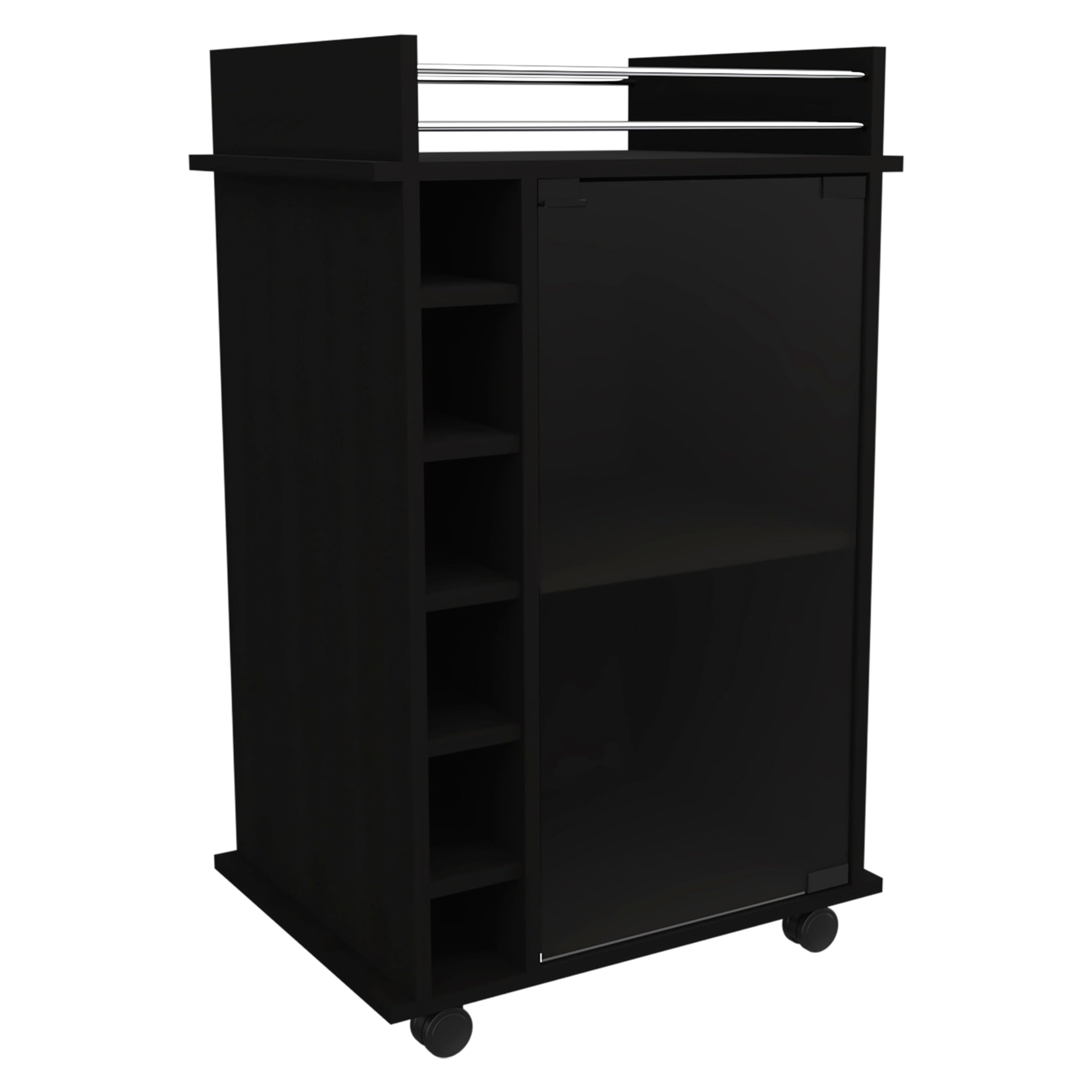 TUHOME Dukat Bar Cart,Two Shelves, Six Wine Cubbies, Glass Door, Four Caster Wheels, Countertop, Black, For Living Room
