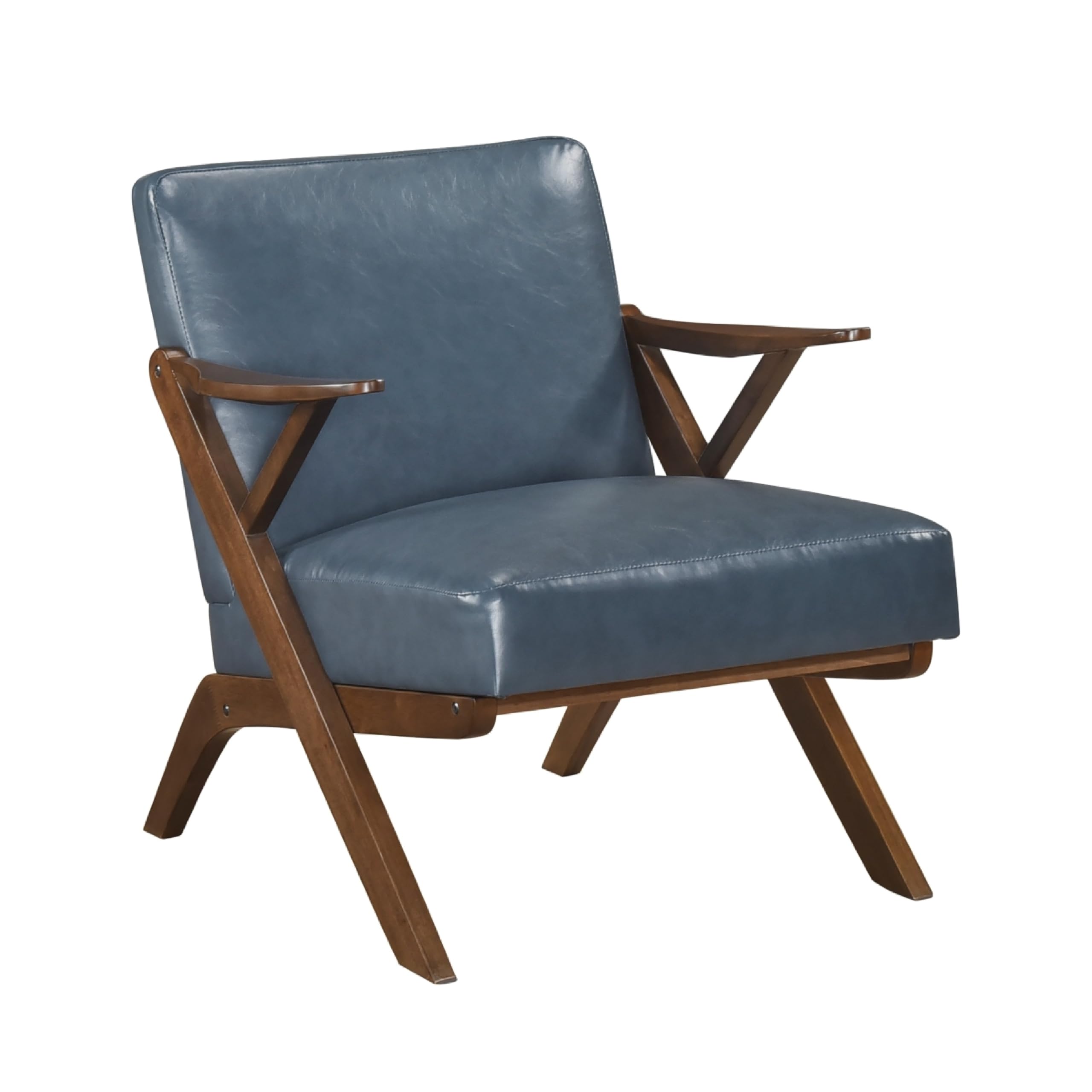 Gya Accent Chair, Blue Faux Leather Upholstery, Walnut Brown Rubberwood