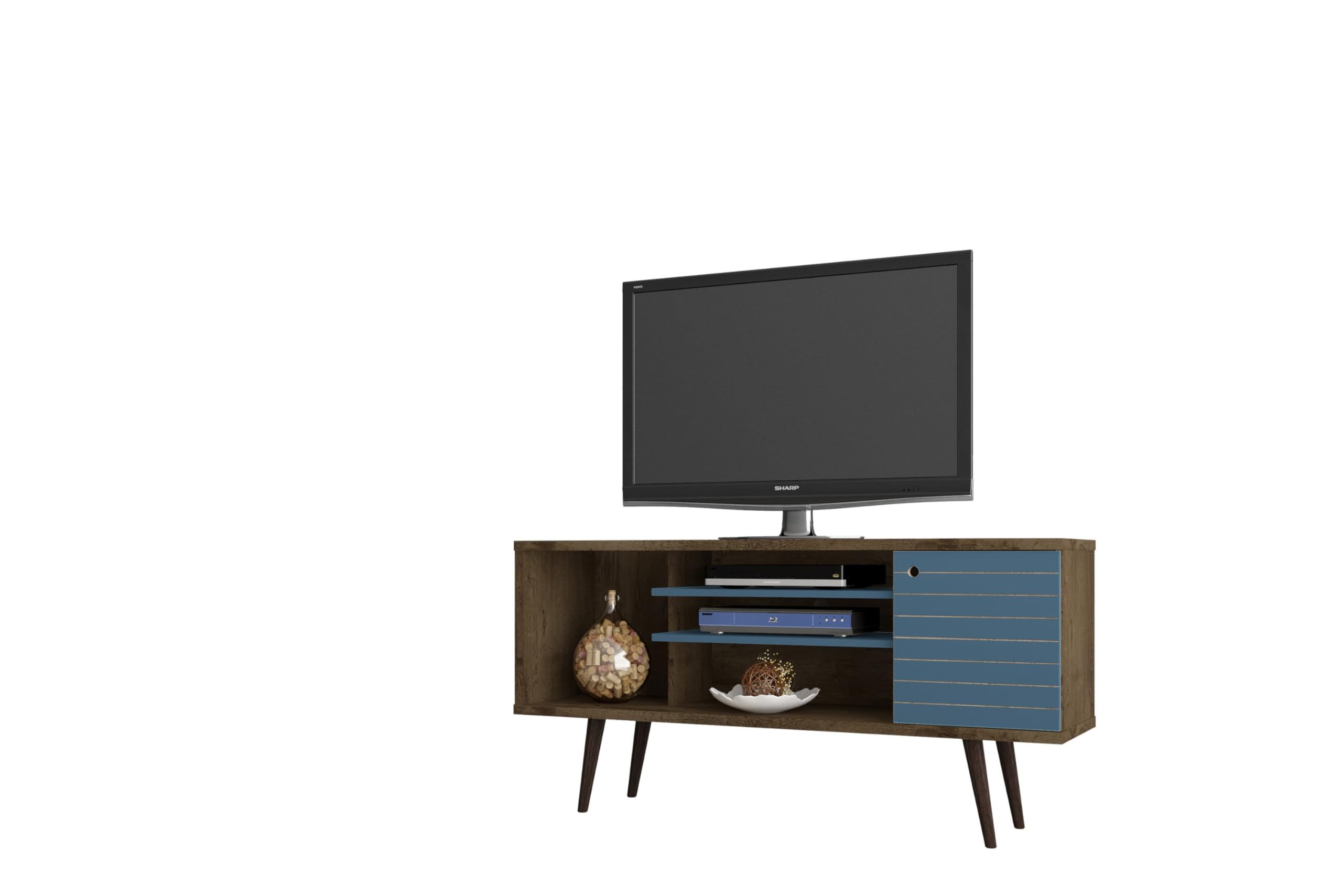 Liberty 53.14 Mid Century - Modern TV Stand  with 5 Shelves and 1 Door in Rustic Brown and Aqua Blue  with Solid Wood Legs