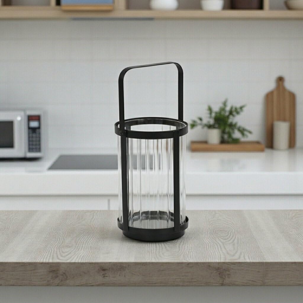 Vortial Fluted Glass Candle Lantern with Black Metal Frame - Medium