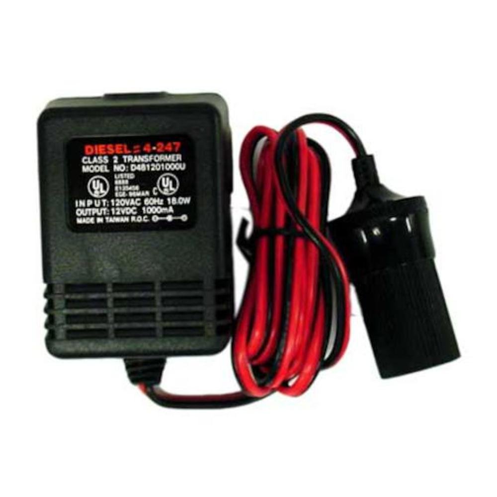 DIESEL -UL APPROVED 1 AMP (100MA) 120 VOLT AC TO 12 VOLT DC CLASS 2 TRANSFORMER WITH 5 POWER WIRE & CIGARETTE SOCKET ADAPTER
