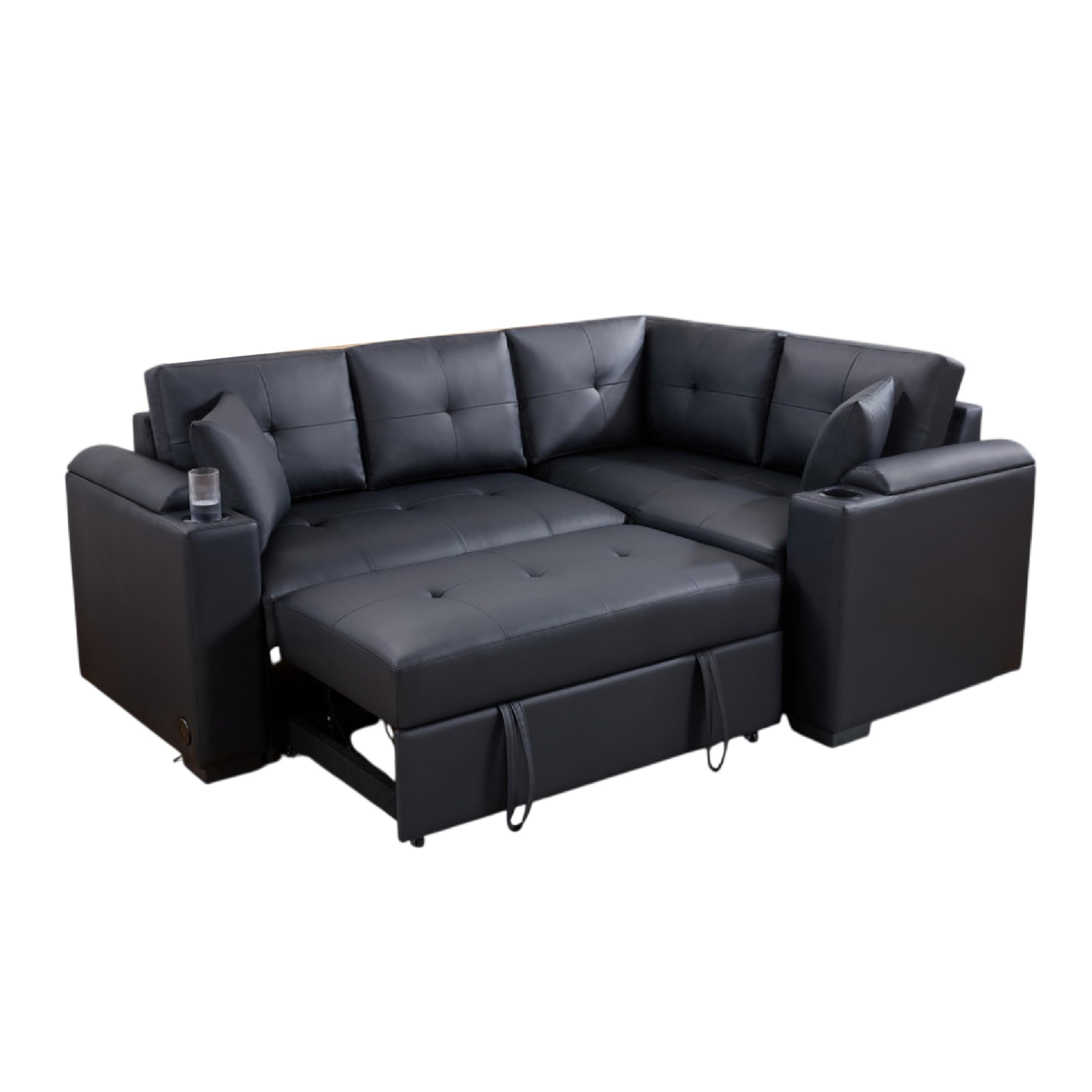 Nov Sectional Sleeper Sofa, 2 Pillows, USB Charger, Black Faux Leather