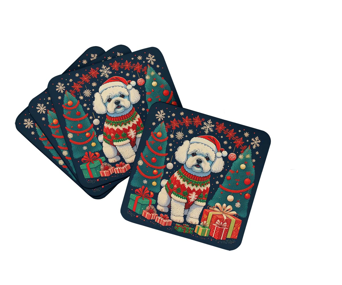 Carolines Treasures Bichon Frise Christmas Foam Coaster Set of 4 Cup Coasters for Indoor and Outdoor, Coaster for Tabletop Protection, Anti Slip, Mouse pad Material