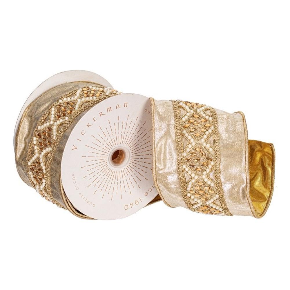 Casafoyer  4” x 5 Yards Champagne with Pearls and Gold Jewels Wired Edge Christmas Ribbon. - (Pack Of 2)