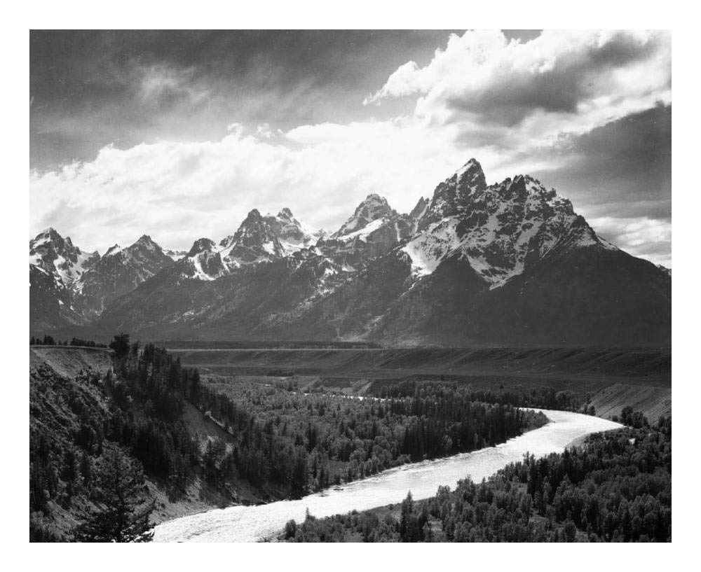 View from river valley towards snow covered mountains, river in foreground, Grand Teton National Park, Wyoming , 1941-Paper Art-24x20”