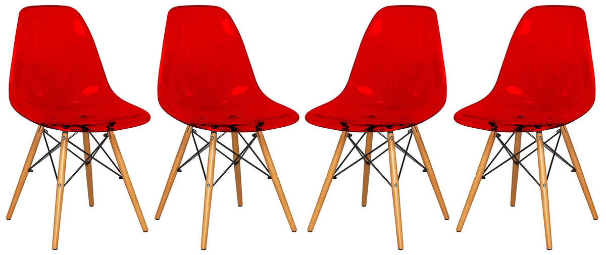 Leisuremod Dover Plastic Molded Dining Side Chair With Wood Dowel Legs Set Of 4 (Transparent Red)
