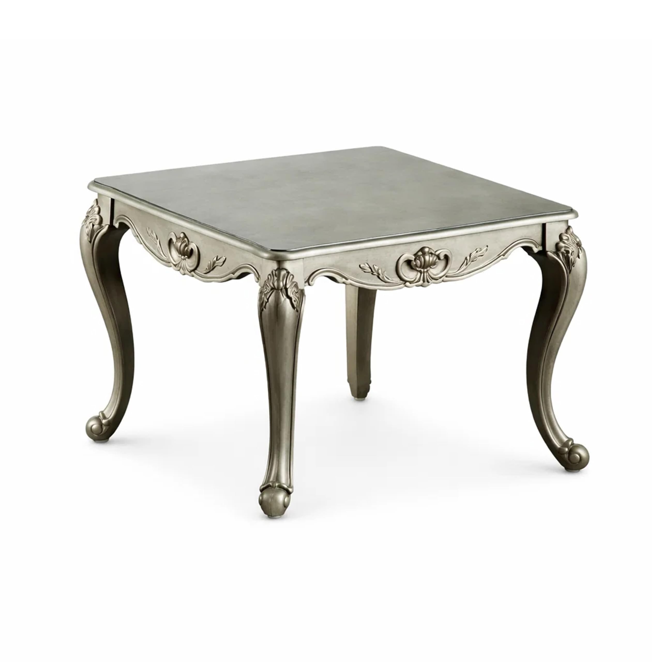 Miz Side End Table, 28 Inch, Carved Cabriole Legs, Champagne Silver