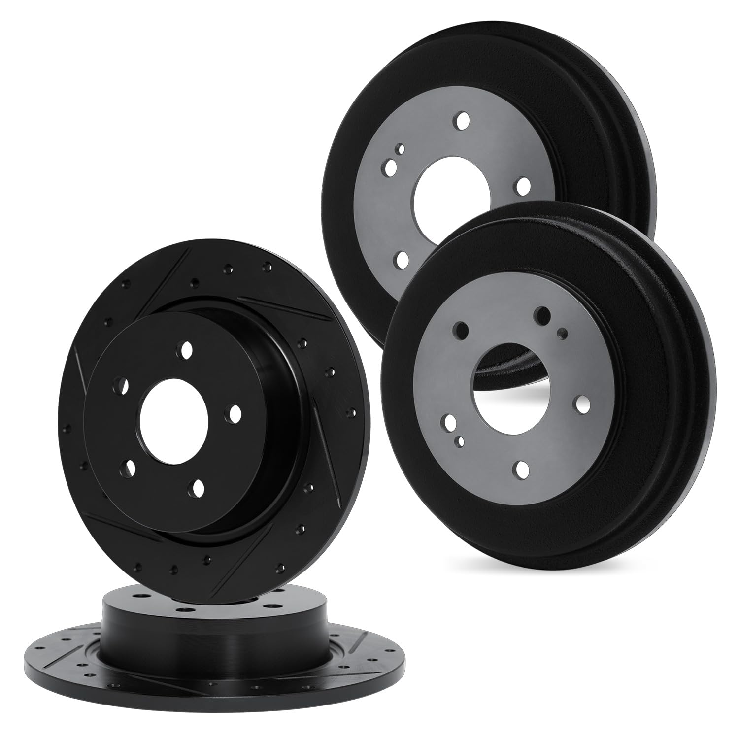 R1 Concepts Drilled and Slotted Black Disc Brake Rotor and Drum Set WHPN2-47021