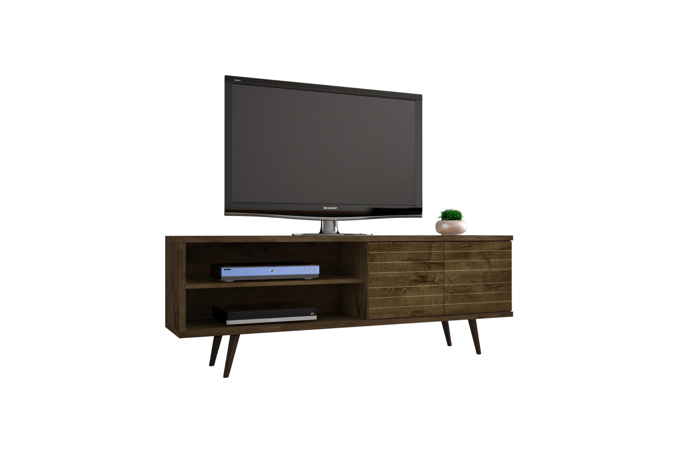 Liberty 62.99 Mid Century - Modern TV Stand with 3 Shelves and 2 Doors in Rustic Brown with Solid Wood Legs