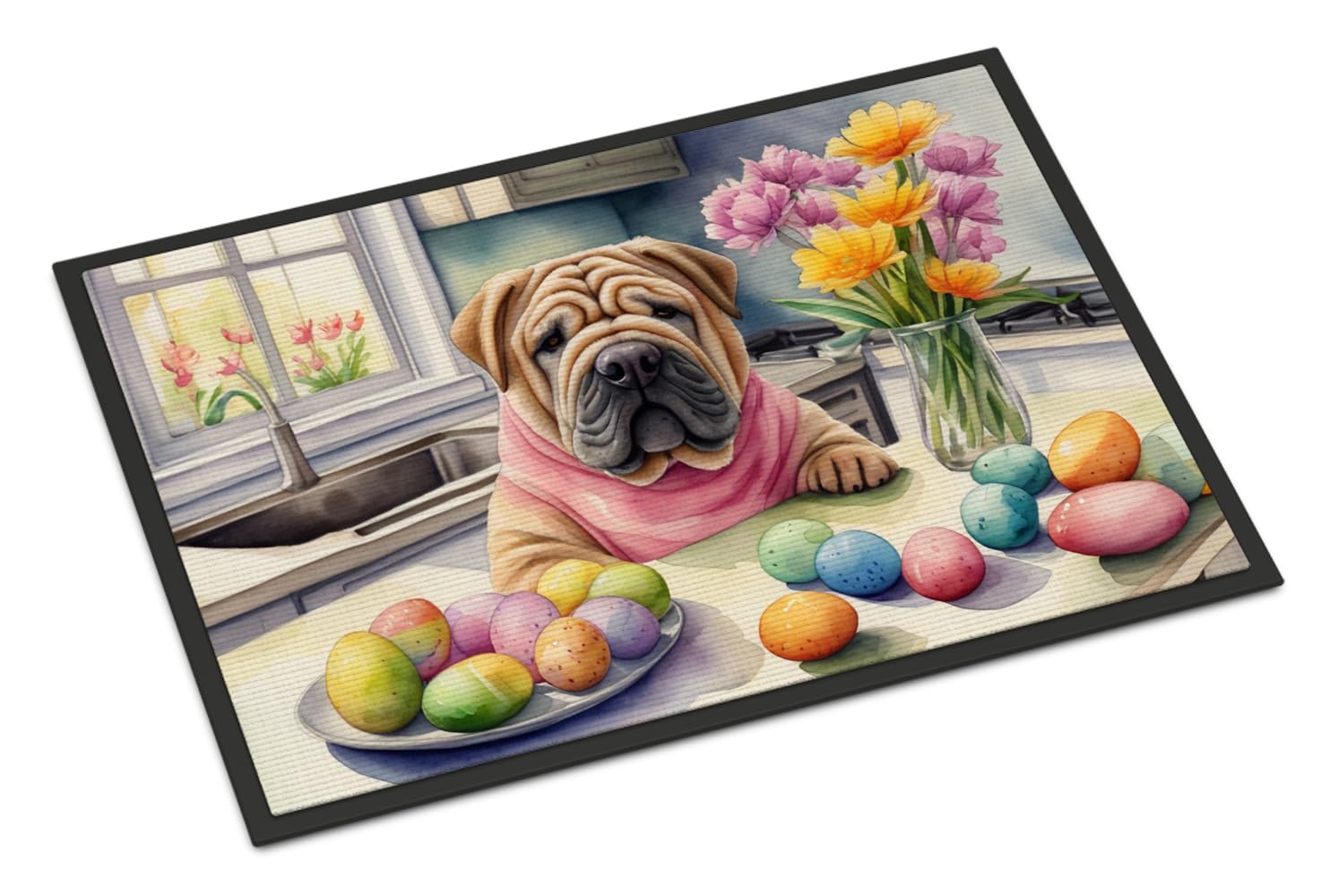 Carolines Treasures DAC6898MAT Decorating Easter Shar Pei Doormat Front Door Mat Indoor Outdoor Rugs for Entryway, Non Slip Washable Low Pile, 18H X 27W