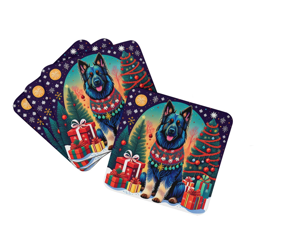 Carolines Treasures Belgian Sheepdog Christmas Foam Coaster Set of 4 Cup Coasters for Indoor and Outdoor, Coaster for Tabletop Protection, Anti Slip, Mouse pad Material