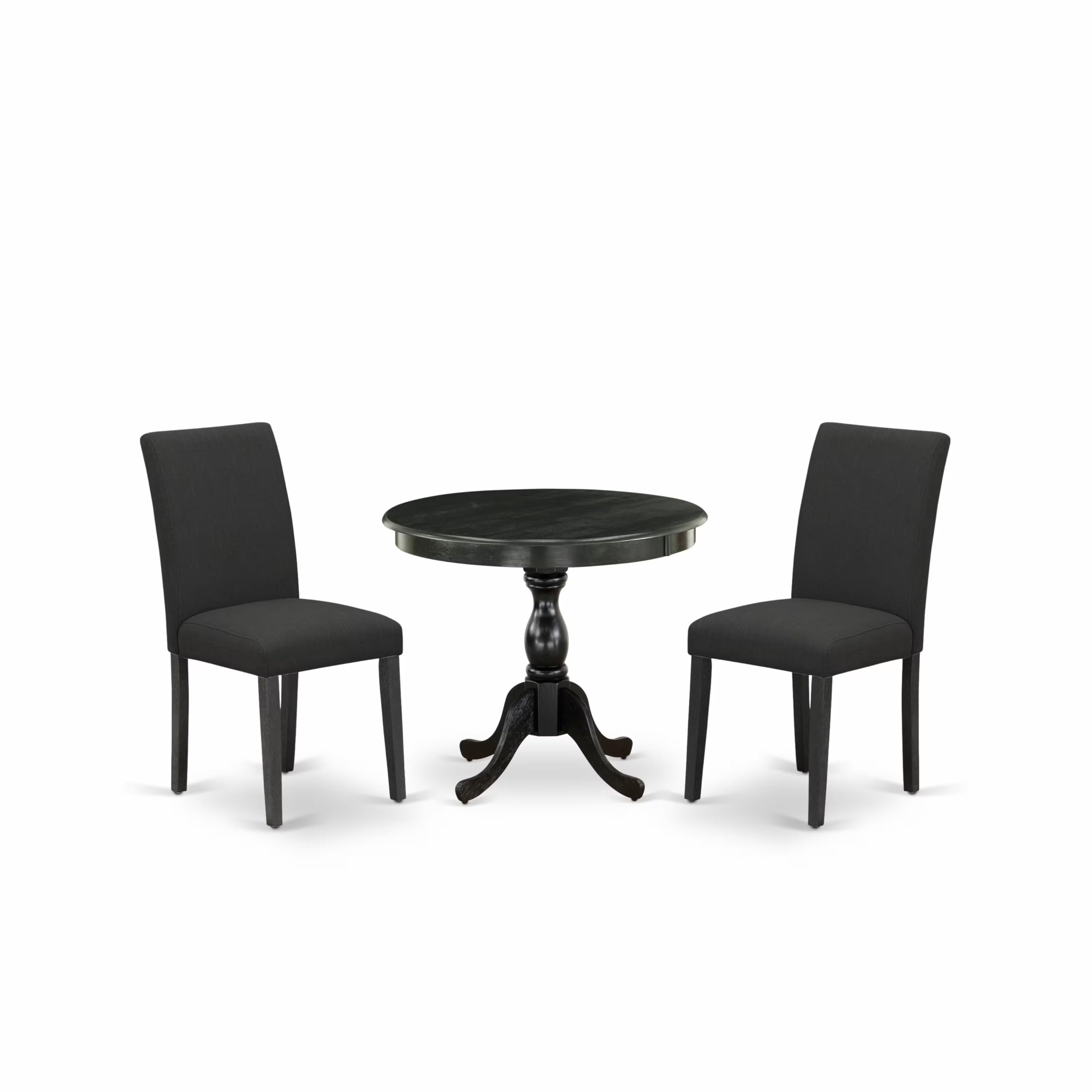 East West Furniture 3 Piece DINETTE SET Contains 1 Wooden Dining Table and 2 Black Linen Fabric Dinning Chairs with High Back  Wire Brushed Black Finish