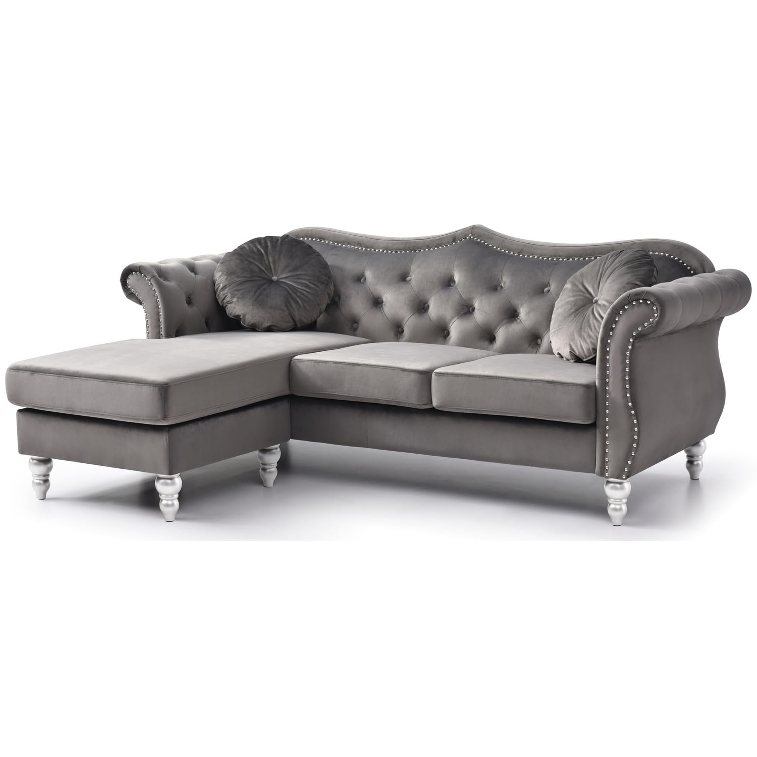 Hollywood 81 in. Dark Gray Velvet Chesterfield Sectional Sofa with 2-Throw Pillow