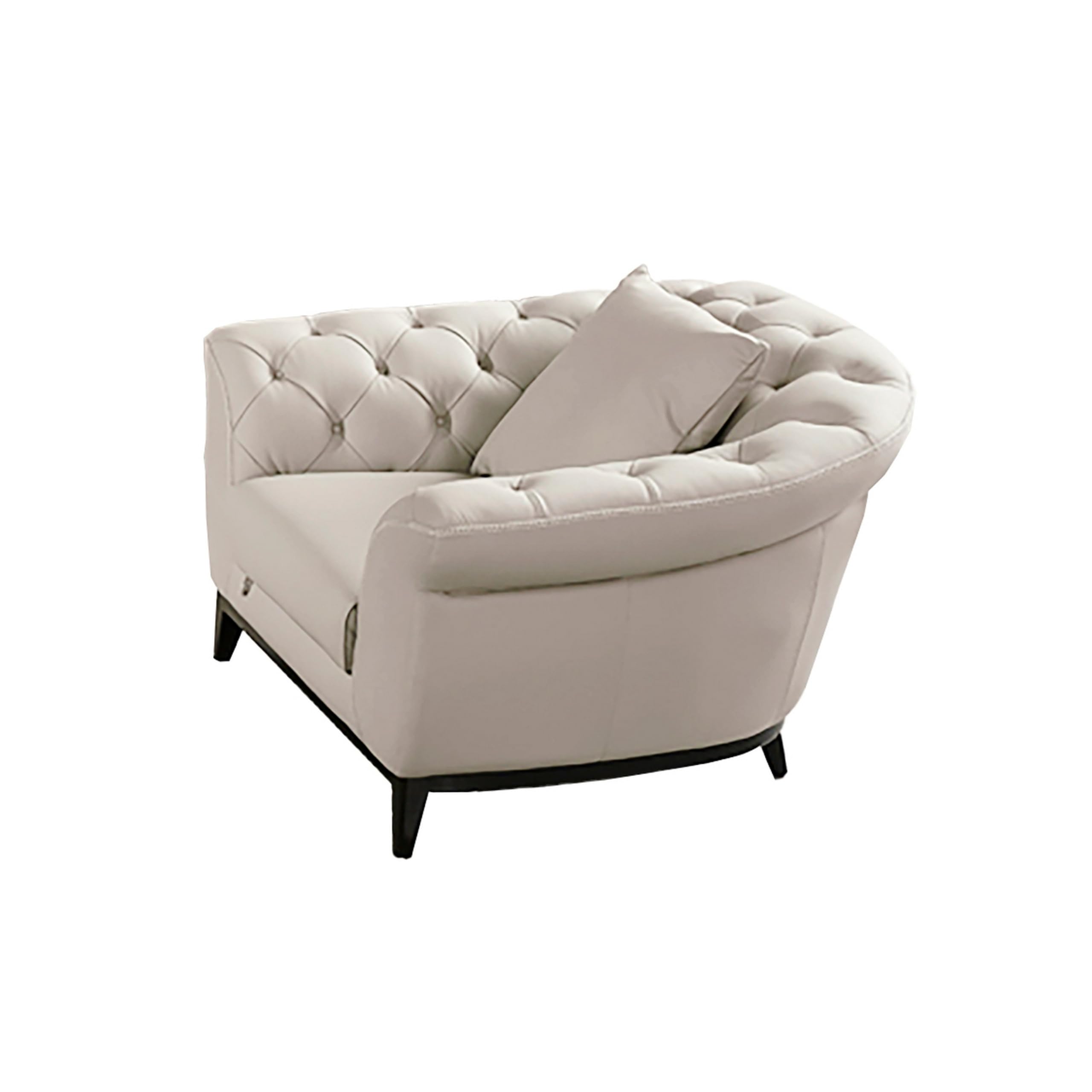 Tmy 45 Inch Accent Chair, Throw Pillow, Light Gray Tufted Italian Leather