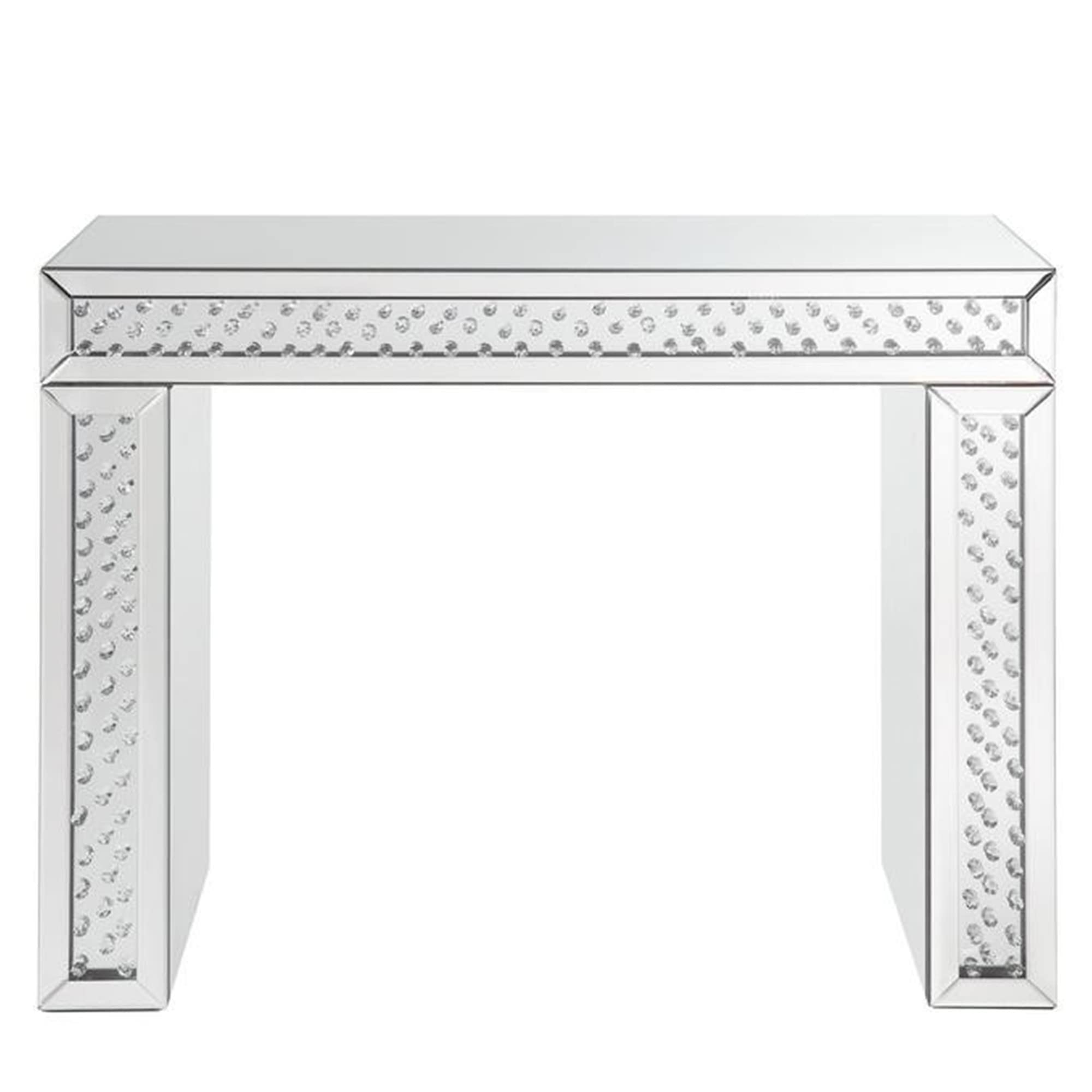 Mirror Accented Wood And Glass Vanity Desk With Faux Crystal Inlay, Silver