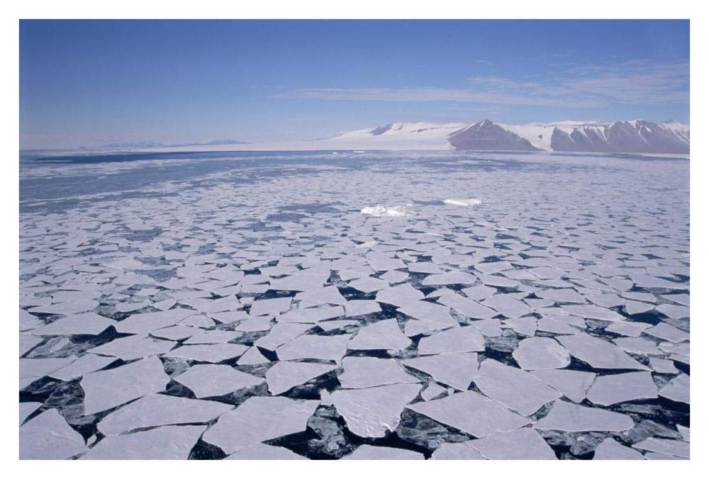 Sea ice break-up, aerial view, Transantarctic Mountains, New Harbour, McMurdo Sound, Ross Sea, Antarctica-Paper Art-38x26”