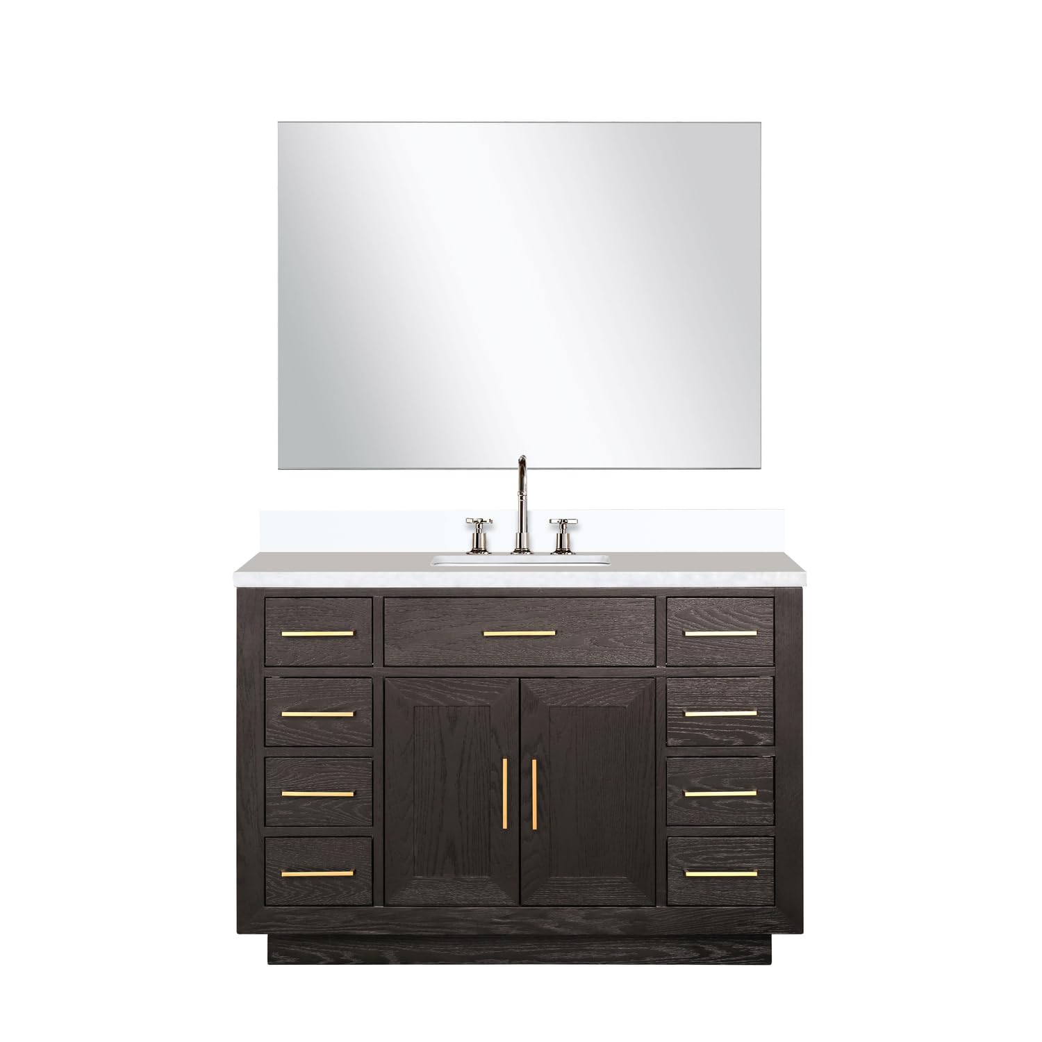 Abbey 48 in W x 22 in D Brown Oak Single Bath Vanity, White Quartz Top, Faucet Set, and 46 in Mirror