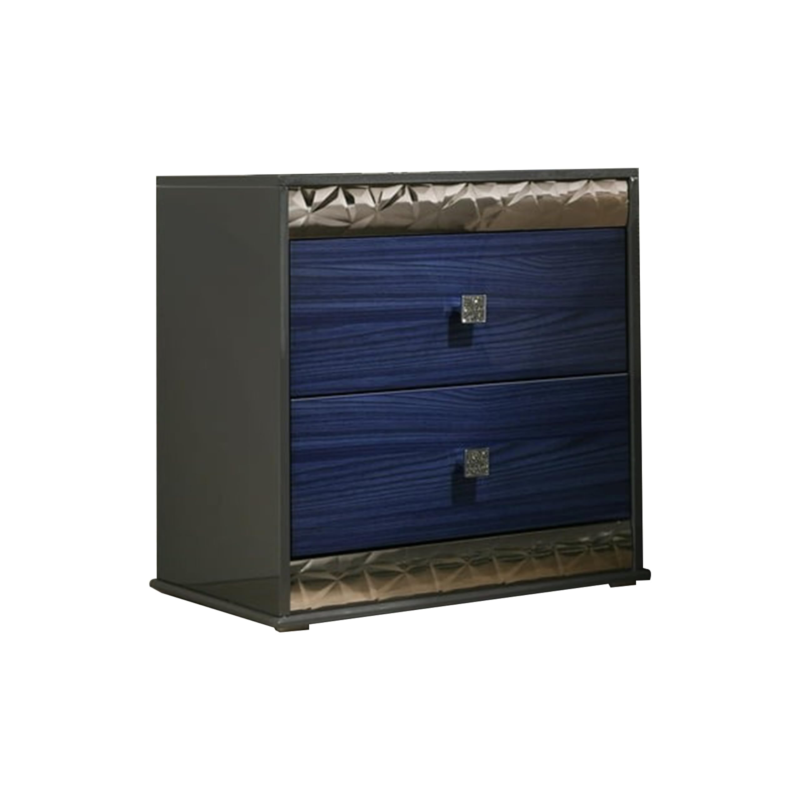 Zara Nightstand w 2 Drawers, Crystal Knobs, Ash Gray, Indigo Blue Wood