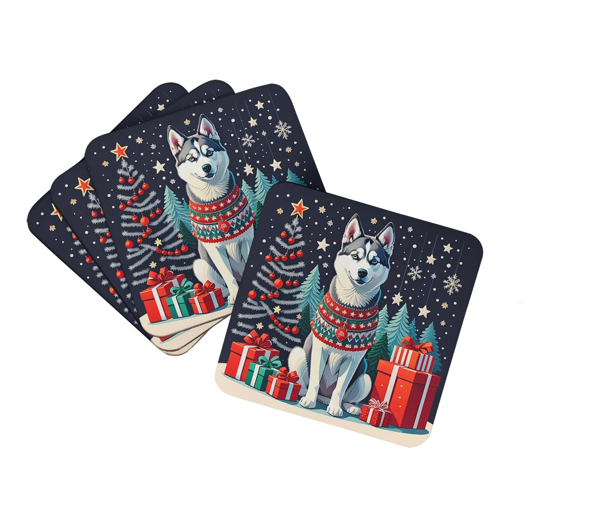 Carolines Treasures Siberian Husky Christmas Foam Coaster Set of 4 Cup Coasters for Indoor and Outdoor, Coaster for Tabletop Protection, Anti Slip, Mouse pad Material