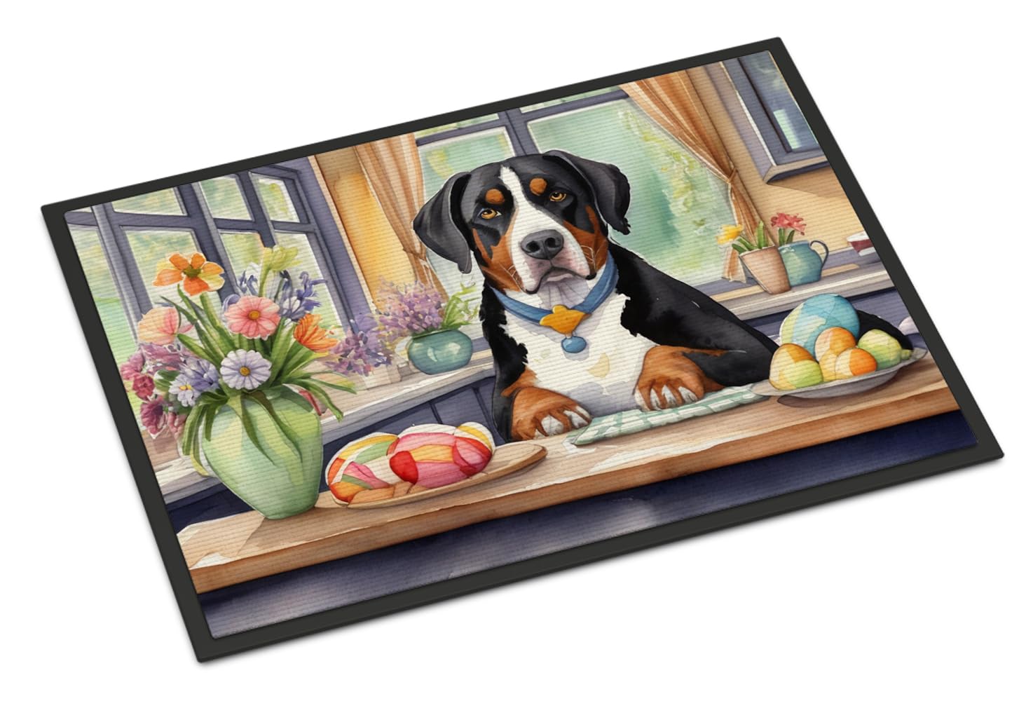 Carolines Treasures DAC6830JMAT Decorating Easter Greater Swiss Mountain Dog Doormat Front Door Mat Indoor Outdoor Rugs for Entryway, Non Slip Washable Low Pile, 24H X 36W