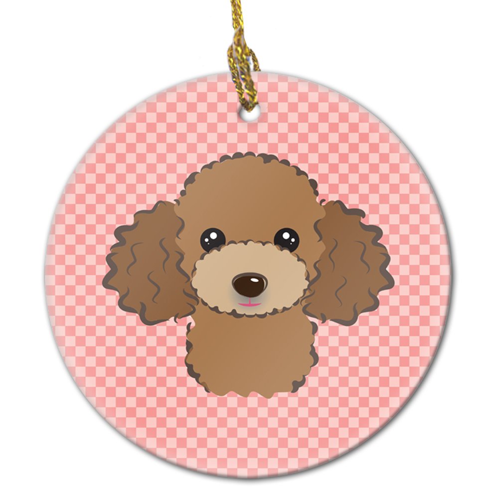 Checkerboard Pink Chocolate Brown Poodle Ceramic Ornament BB1256CO1