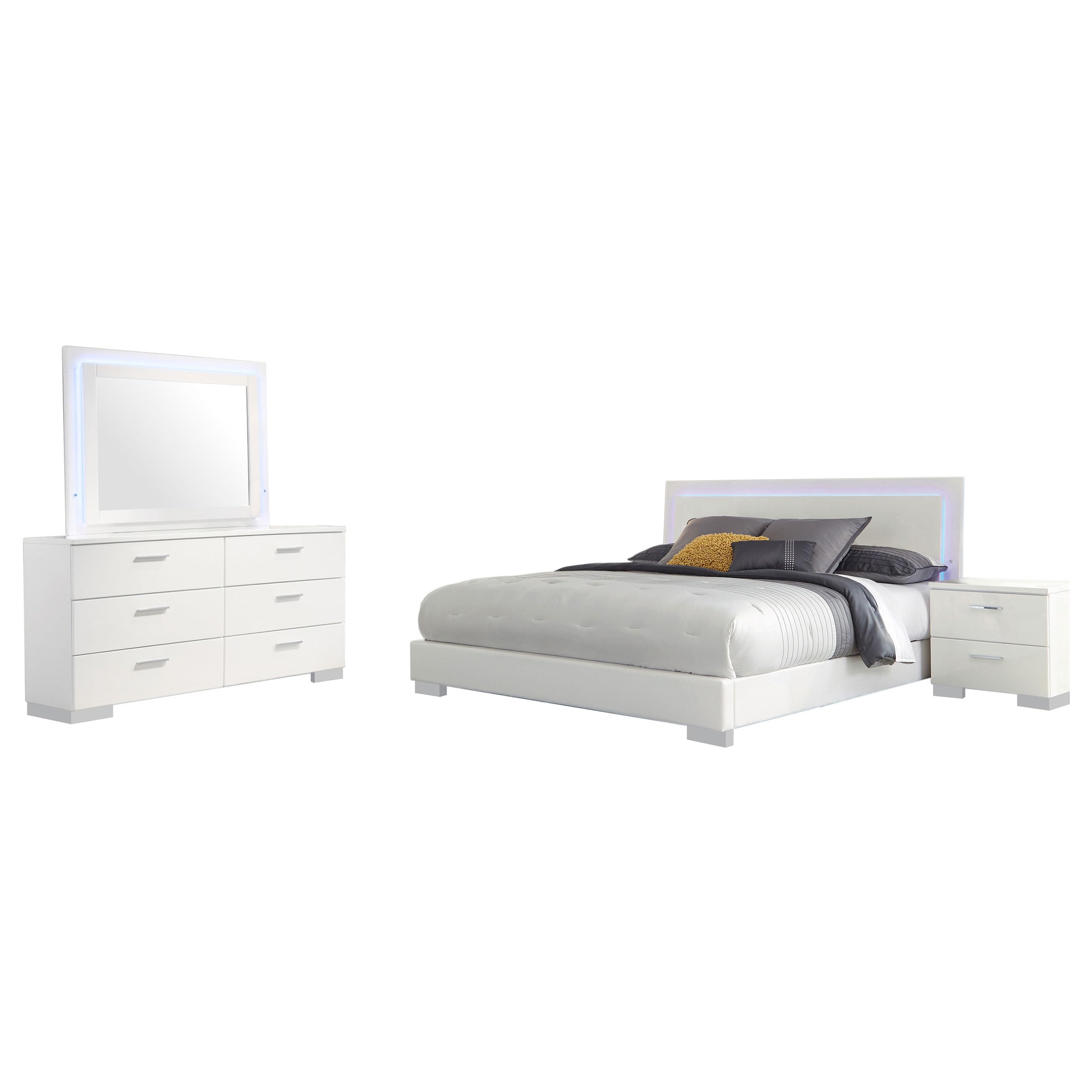 Sok 4pc King Bedroom Set, Blue LED Lights, Faux Leather, White Wood