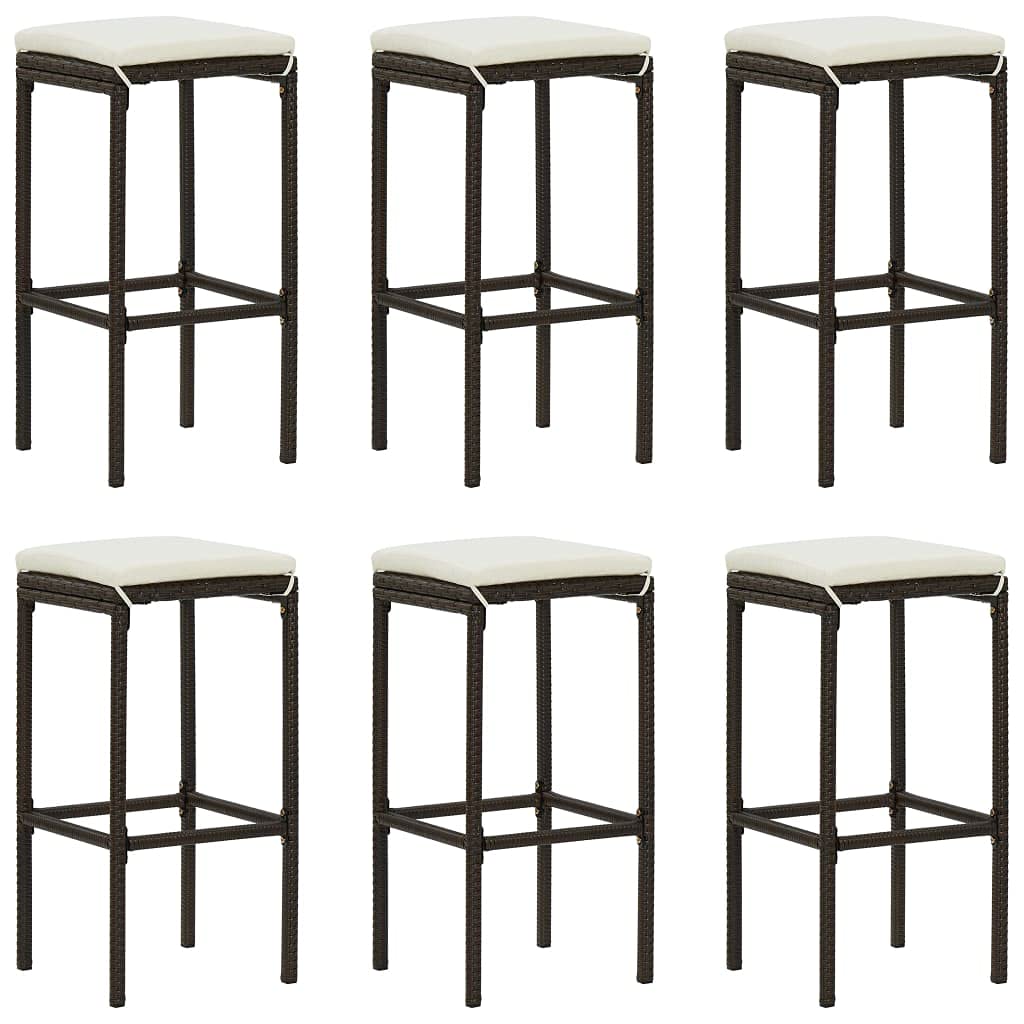 Vidaxl Set Of 6 Modern Bar Stools - Steel Frame, Brown Poly Rattan Design With Cream White Seat Cushions - Indoor/Outdoor Use - Easy Assembly