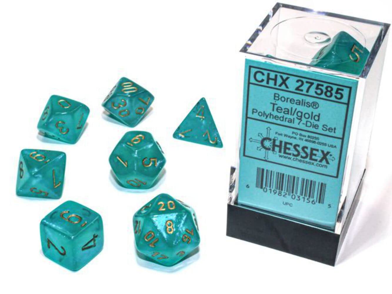 Chessex Polyhedral 7-Die Set - Borealis Teal/Gold with Luminary 27585 (CHX27585) , Green