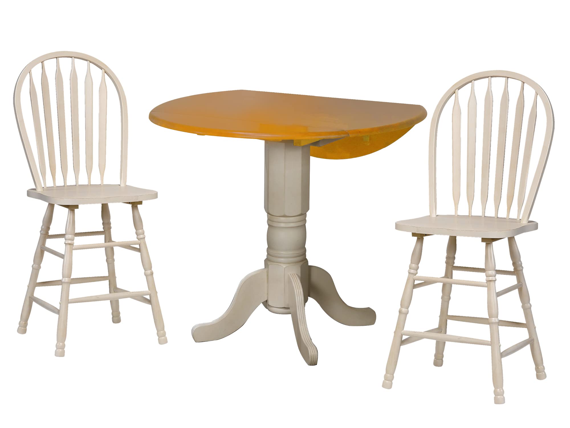 Sunset Trading Oakley Selections 3 Piece 42 Round Extendable Drop Leaf Pub Table Set | 2 Windsor Arrowback Barstools | Antique White/Light Oak Solid Wood | Seats 4 | Dining Room Kitchen Furniture"
