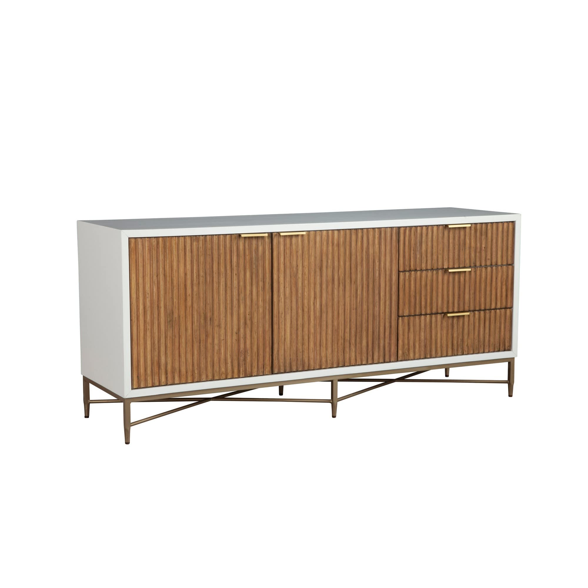 Eli 64 Inch TV Media Entertainment Center Console, 3 Drawers, White, Gold