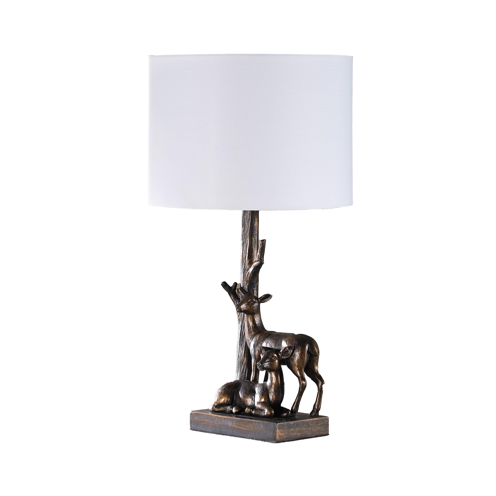 20 Inch Accent Table Lamp, Dual Roe Deer Design, White Drum Shade, Bronze