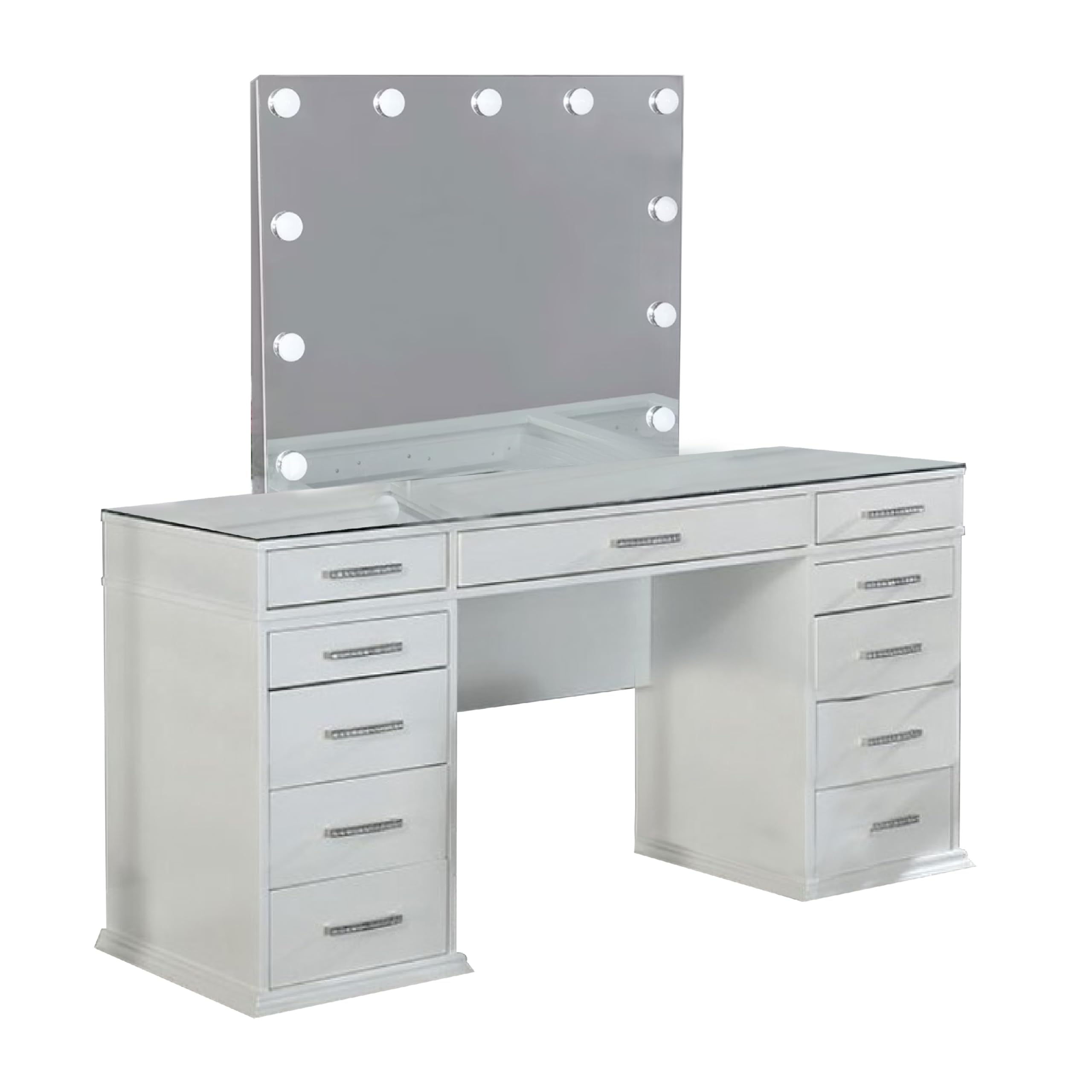Vaz 3pc LED Mirror Vanity Table Set, Glass Top, Padded Stool, White