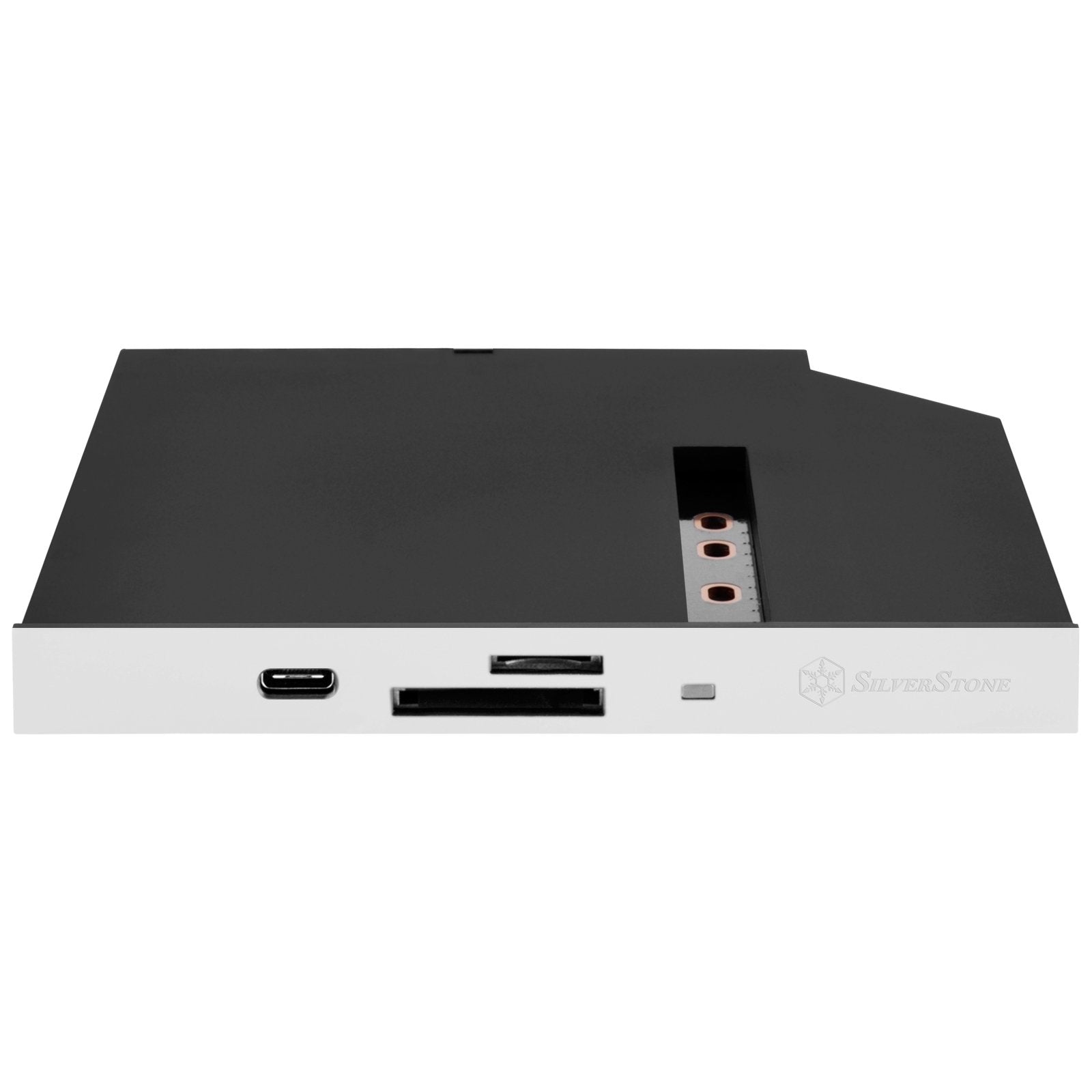Black (with white replace panel), 12.7mm tray loading type slim ODD bay, 1 * USB3.0 C type, Cardreader, Support SDXC / Micro SDXC, 1 * M.2 SATA type SSD slot