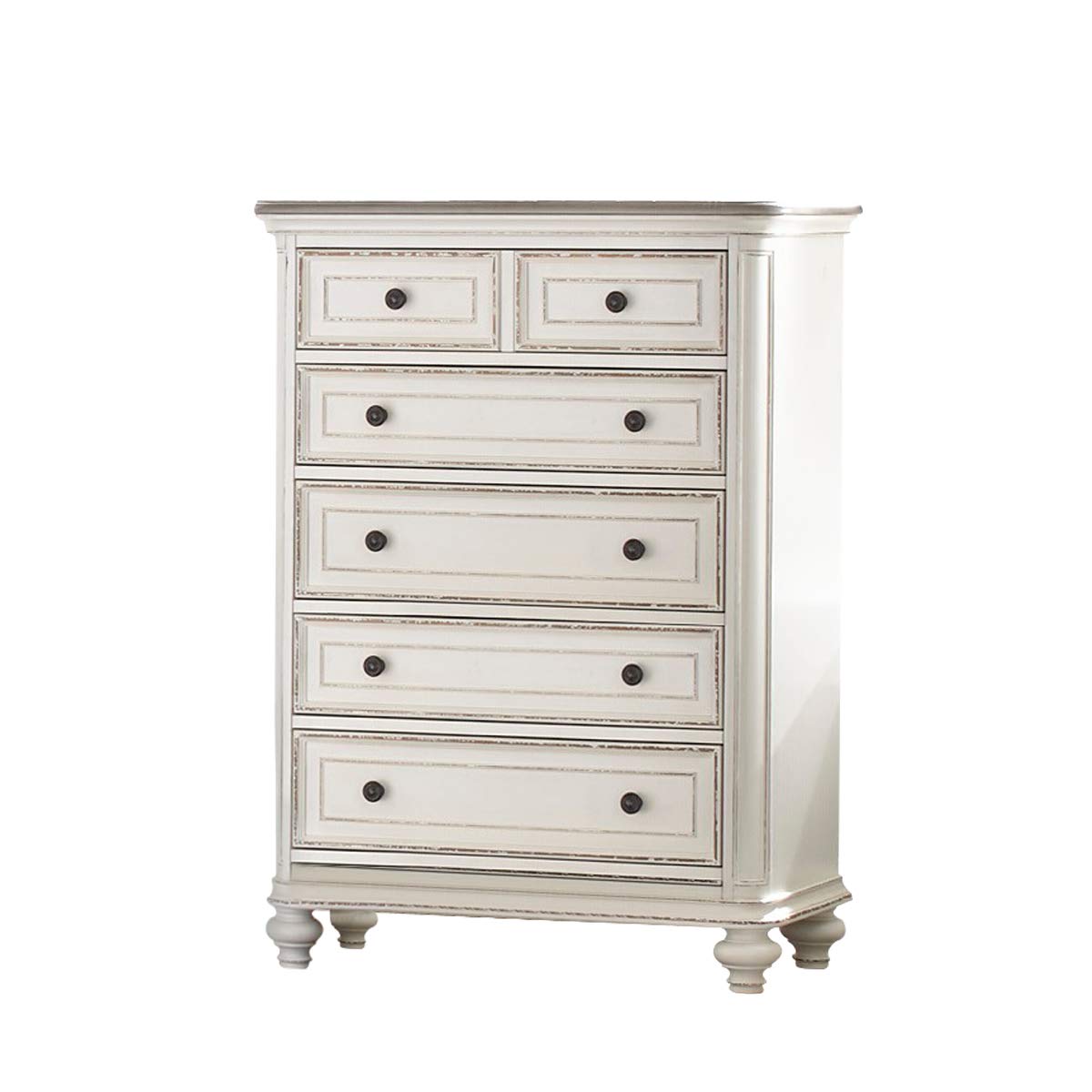Benjara 5 Drawer Wooden Chest With Distressed Detail, White, Brown