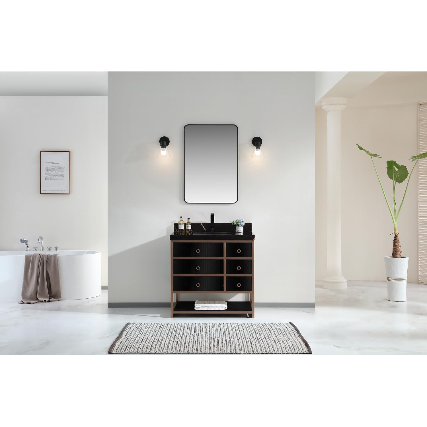 36 VANITY WITH GOLDEN BRUSH STAINLESS STEEL FRAME AND TRICORN BLACK FINISH WITH 2 THICK BLACK NATUAL STONE TOP