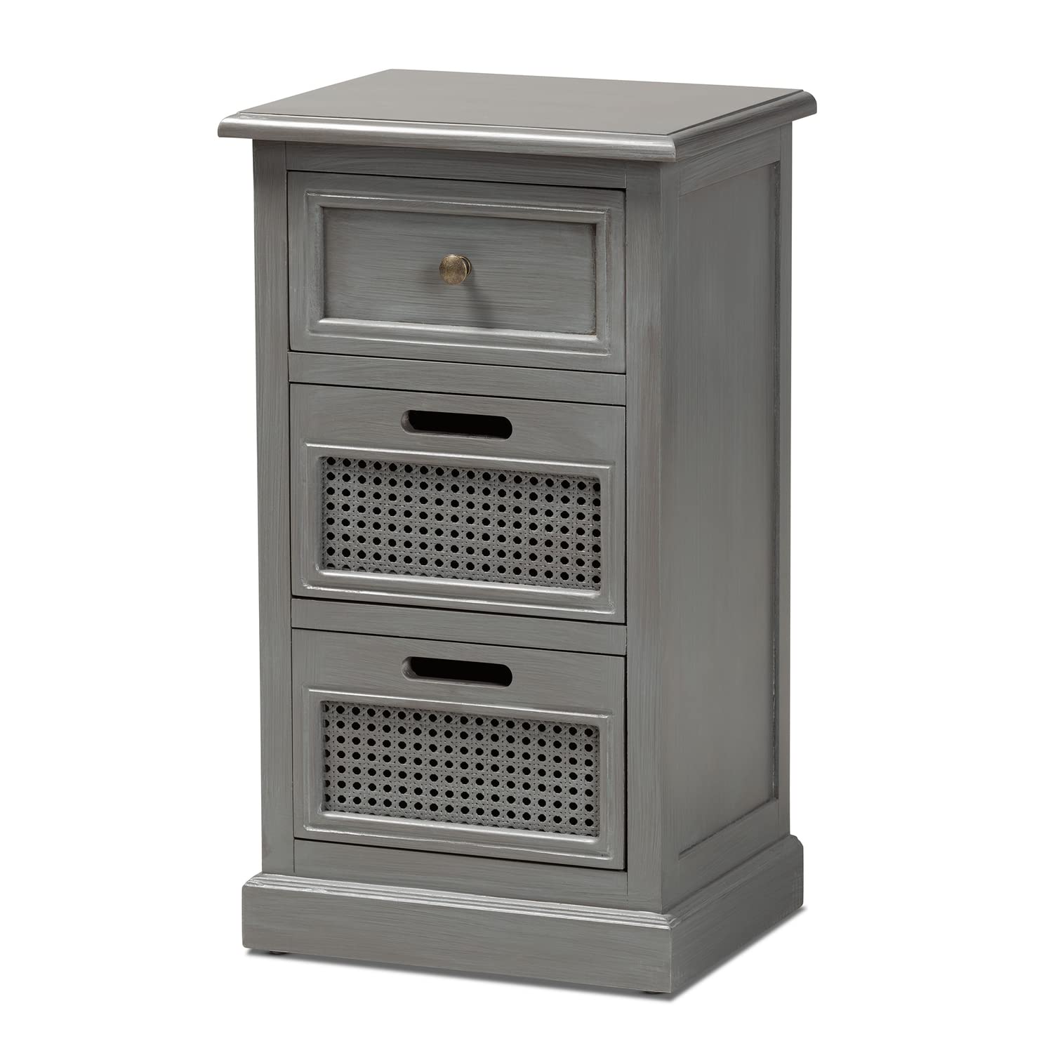 Baxton Studio Sheldon Modern And Contemporary Vintage Grey Finished Wood And Synthetic Rattan 3-Drawer Nightstand