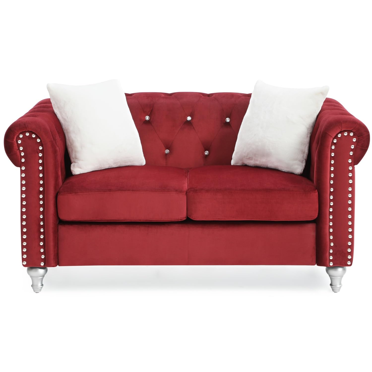 Raisa 60 in. Burgundy Velvet 2-Seater Sofa with 2-Throw Pillow