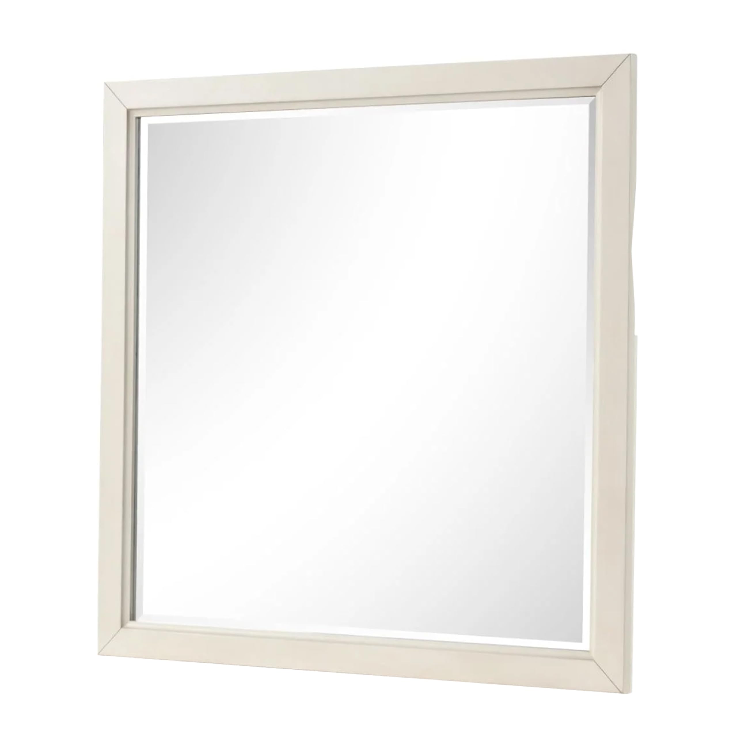 Toi Dresser Mirror, Beveled Glass, Antique White Finished Solid Wood, 38 Inch