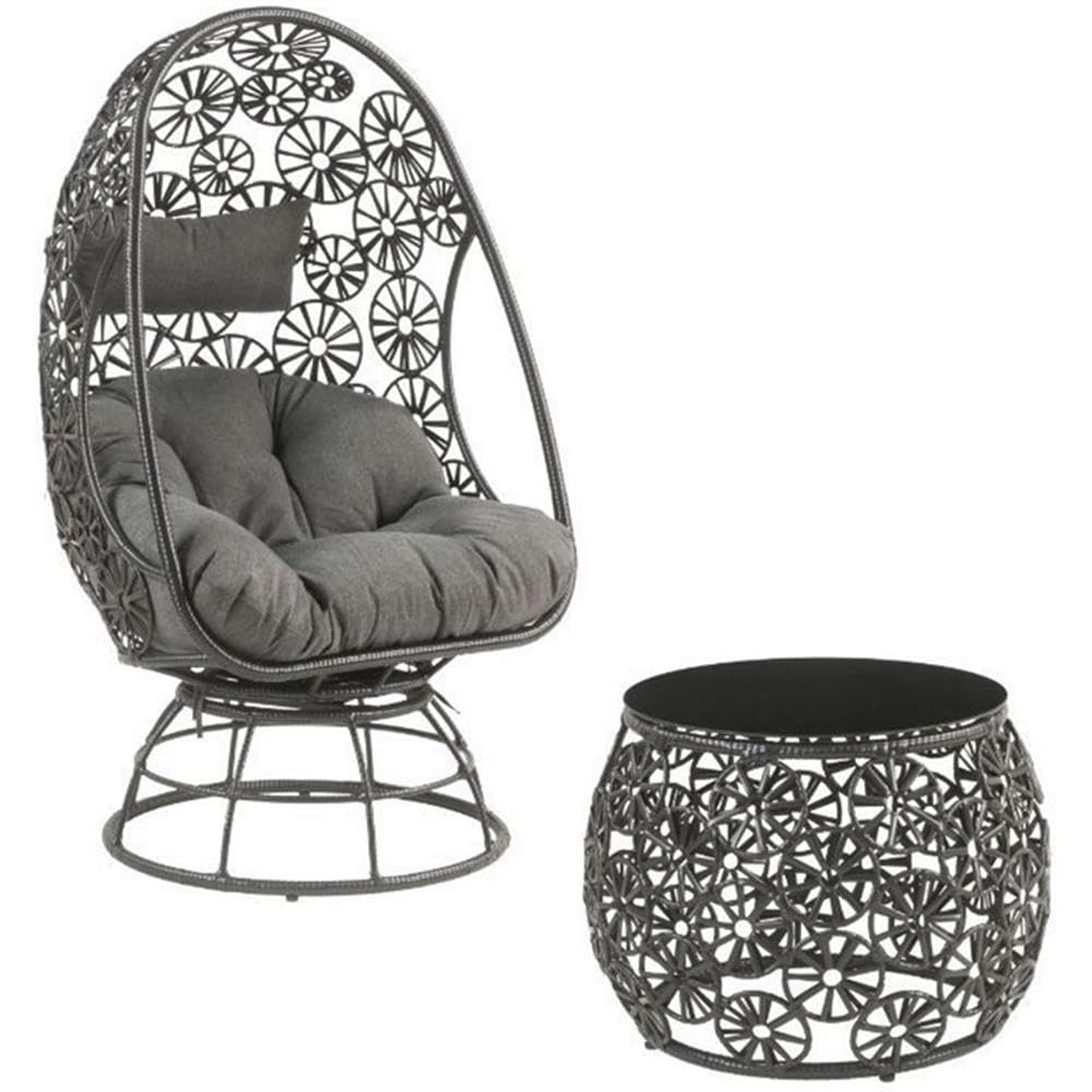 Patio Lounge Chair & Side Table, Clear Glass, Charcaol Fabric & Black Wicker