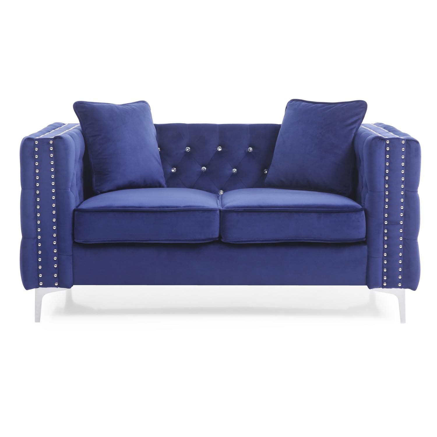 Paige 63 in. Blue Tufted Velvet Loveseat With 2-Throw Pillows