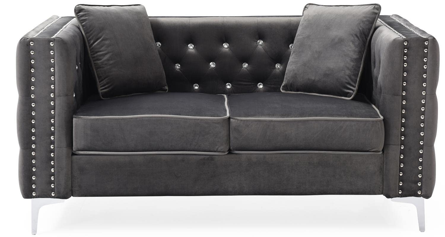 Paige 86 in. Gray Velvet 3-Seater Sofa with 2-Throw Pillow