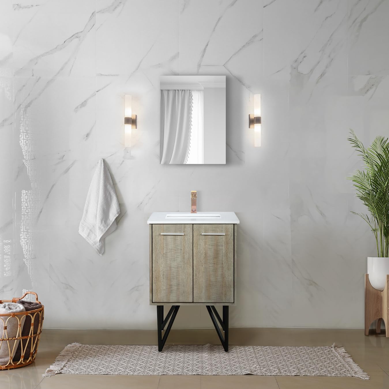 Rustic Acacia Bath Vanity 24 in. W x 20 in. D, Cultured Marble Top, Rose Gold Faucet Set and 18 in. Mirror