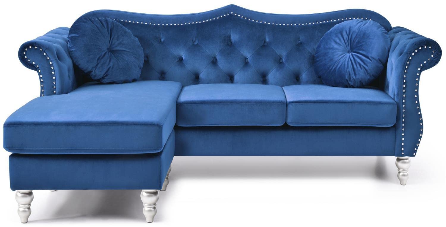 Hollywood 81 in. Navy Blue Velvet Chesterfield Sectional Sofa with 2-Throw Pillow