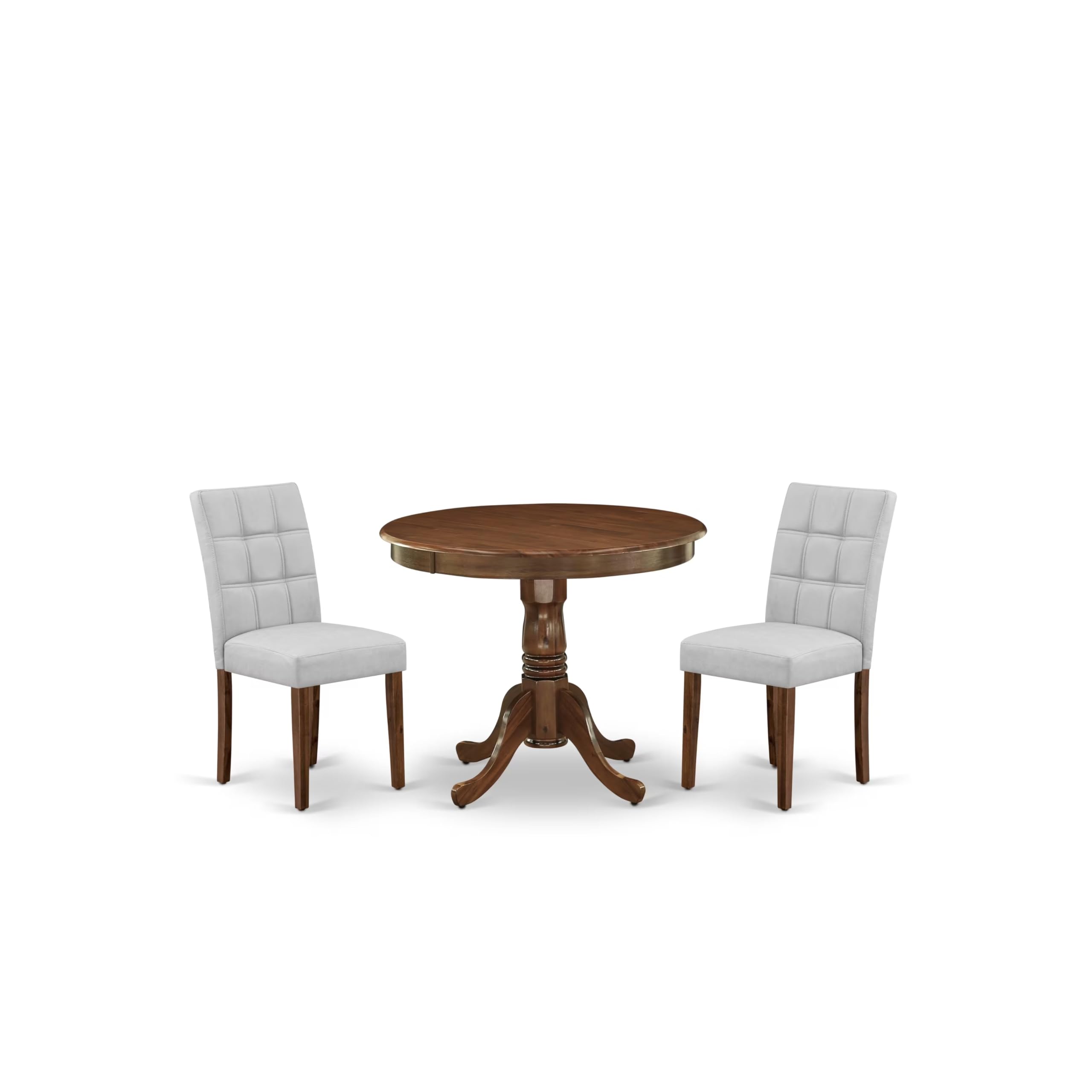 East West Furniture ANAS3-AWA-27 3 Piece Modern Dining Set consists A Dinning Table and 2 Light Gray Faux Leather Dinner Chairs, Antique Walnut
